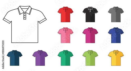 Colorful set of men's short-sleeve polo shirts, featuring a classic design with a collar and buttons, shown in a variety of vibrant colors.