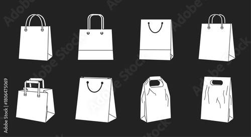 Collection of white shopping and gift bag outlines against a solid black background, showcasing various paper bag designs with different handle types.
