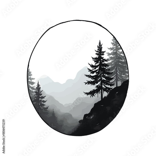 Circle with forest trees in fog. Contains hieroglyphs - eternity, freedom, happiness. Traditional oriental ink painting sumi-e, u-sin, go-hua