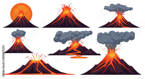 Dynamic collection of erupting volcanoes in various stages, showing explosions of lava, smoke, and ash, symbolizing power, danger, and natural disaster.