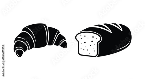 A simple black and white illustration of a croissant and sliced bread
