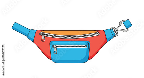 Colorful cartoon illustration of a retro-style fanny pack or waist bag in red and blue, featuring multiple zippered pockets for convenient storage.