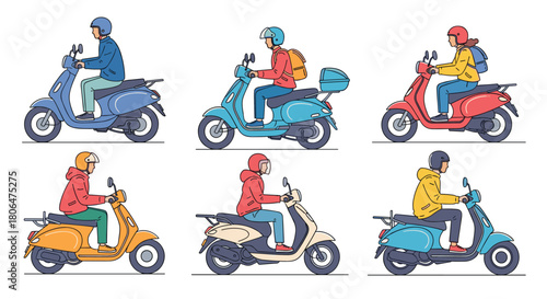 Set of six people wearing helmets and casual clothing while riding on different colorful scooters, representing urban transportation and delivery services.