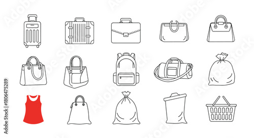 Set of various bags and containers in a simple line art style, including luggage, handbags, a backpack, and sacks for different purposes.