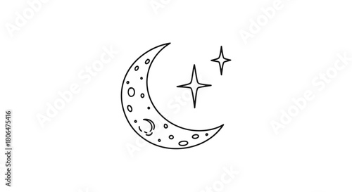 Minimalist hand-drawn doodle of a crescent moon with craters and two sparkling stars, created in a clean black and white line art style.