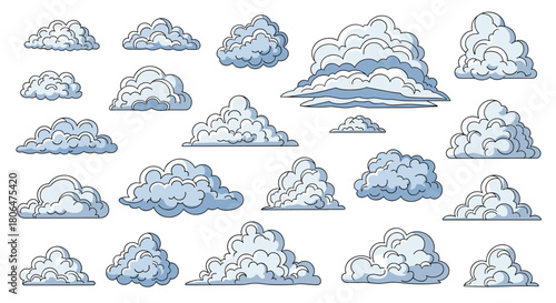 Large collection of hand-drawn cartoon clouds in various shapes and sizes, illustrated in a blue and gray outline style for weather designs.