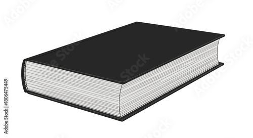 Minimalist illustration of a thick, closed book with a plain black hardcover, shown from a three-quarter perspective on a white background.