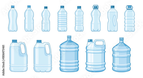 Large collection of clear blue plastic water bottles and large containers in various shapes and sizes, shown as clean vector illustrations.