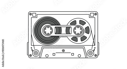 Detailed black and white outline drawing of a retro audio cassette tape, showing the internal mechanics of the spools and magnetic tape.