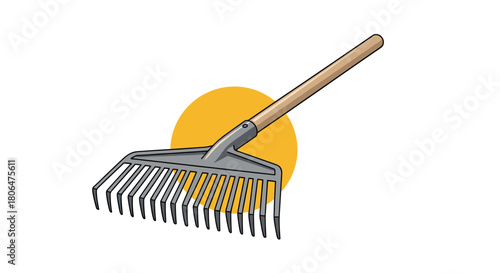 Simple cartoon vector illustration of a garden leaf rake with a long wooden handle and metal tines, set against a solid yellow sun.