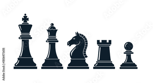Set of five classic black chess piece silhouettes, including the king, queen, knight, rook, and pawn, arranged in a row for a game.