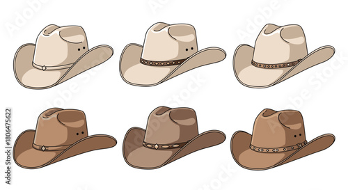 Collection of six classic western cowboy hats illustrated in various shades of brown and beige, each with a slightly different decorative band.