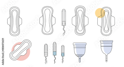 Set of various feminine hygiene products illustrated in a minimalist line art style, including sanitary pads, tampons, and menstrual cups.