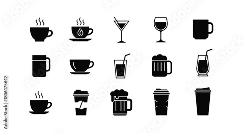 Collection of fifteen black silhouette icons representing a wide variety of beverages, including coffee, tea, wine, beer, and cocktails.