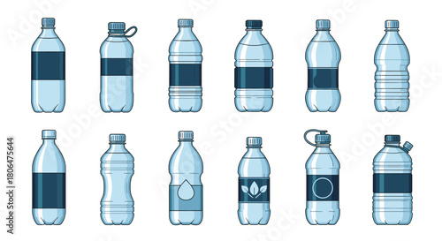 Collection of twelve different plastic water bottles of various shapes and sizes, some with blank blue labels for product mockups.