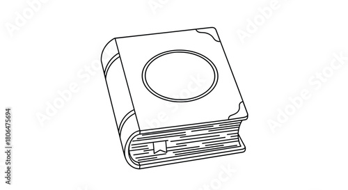 Black and white outline drawing of an antique spellbook with a bookmark ribbon, blank cover design, and decorative corner protectors.