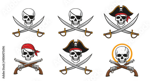 Set of six different pirate skull and crossbones logos, featuring crossed swords, pistols, eye patches, and various buccaneer hats.
