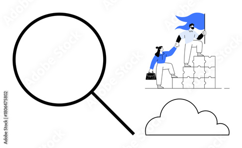 Magnifying glass, leader holding flag assisting teammate on puzzle blocks, and cloud. Ideal for leadership, teamwork, guidance, goal-setting, problem-solving exploration innovation. Clean simple