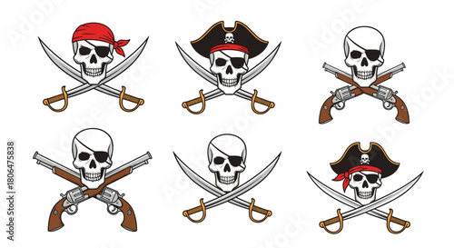 Collection of six different pirate skull designs, or jolly rogers, with crossed swords and pistols for a variety of emblem concepts.