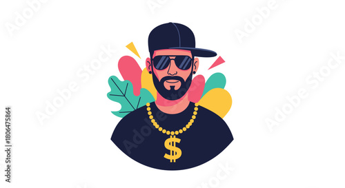 Cool and confident man with a beard, sunglasses, and a gold chain, illustrated in a modern flat style with abstract leaves behind him.