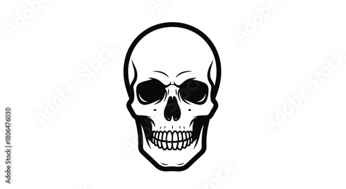 Bold and simple black and white illustration of a human skull facing forward, perfect for a tattoo, logo, or Halloween decoration.