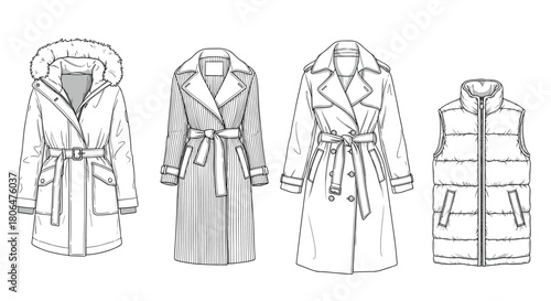 Set of four women's outerwear fashion sketches, including a parka with a fur hood, trench coats, and a puffer vest in a line art style.