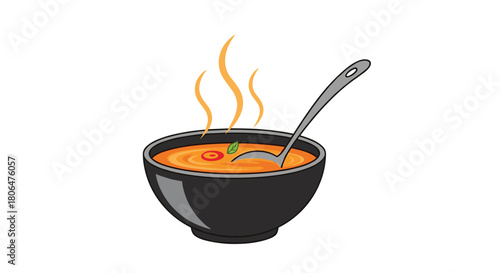 Simple cartoon illustration of a steaming bowl of hot soup with a ladle, perfect for representing a warm and comforting meal.