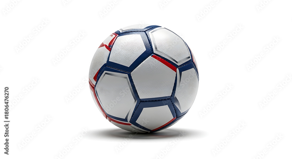 Fototapeta premium A realistic 3D rendering of a classic soccer ball with white, blue, and red hexagonal panels on a white background
