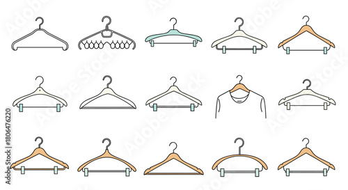 Large collection of fifteen different clothes hangers, including plastic, wooden, and metal designs in a clean, minimalist line art style.
