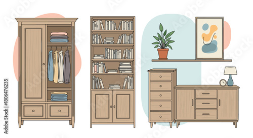 Set of cozy wooden home furniture including a wardrobe, bookcase, and a dresser with a shelf, plant, and lamp, in a hand-drawn style.
