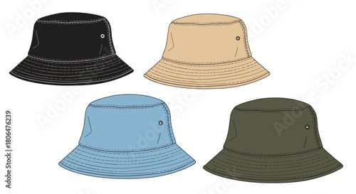 Four simple bucket hats in different colors?black, beige, blue, and green?shown as clean vector illustrations for fashion design.