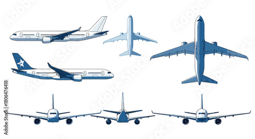 Set of passenger airplane illustrations from multiple views including side, top, and front, depicted in a cool blue pixel art style.