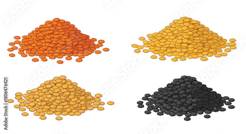 Four piles of different colored lentils, including red, yellow, green, and black varieties, shown as isometric cartoon illustrations.