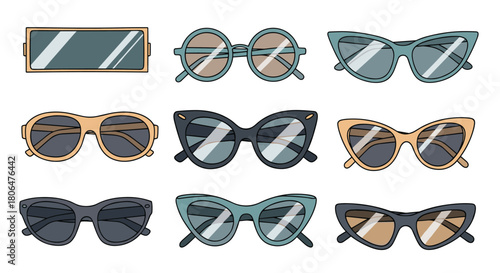 Set of nine different stylish sunglasses, including cat-eye, round, and rectangular frames, illustrated in a colorful cartoon style.