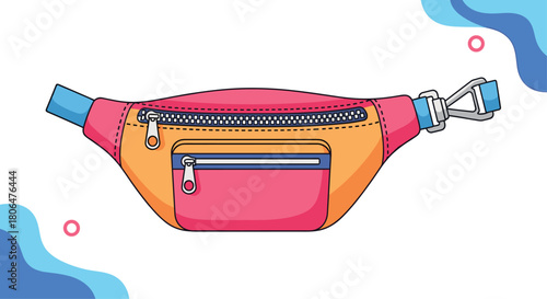 Brightly colored fanny pack or bum bag with multiple zippers and an adjustable strap, illustrated in a fun and modern cartoon style.