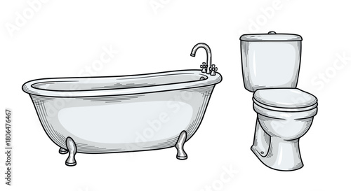 Vintage-style bathroom fixture set with a classic clawfoot bathtub and a toilet, rendered in a detailed, hand-drawn engraving style.