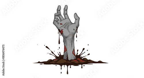 Creepy illustration of a bloody, decaying zombie hand emerging from a splash of dark brown mud, perfect for Halloween horror designs.