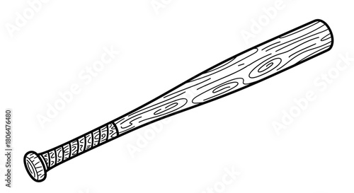 Classic wooden baseball bat illustrated in a clean black and white line art style, showing the wood grain and grip tape detail.