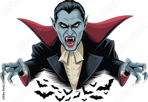 Powerful vampire monster illustration with sharp fangs and claws, spreading red cape, angry face, flying bats, dramatic gothic horror artwork