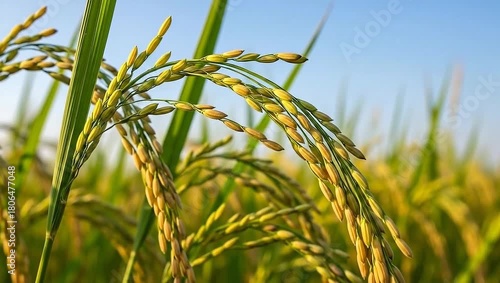 Golden Rice Grains Swaying Gently in a Lush Green Paddy Field Under a Clear Blue Sky.