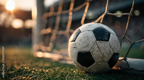 Close-up of a worn soccer ball hitting the net on a grassy field during sunset with warm sunlight and blurred background elements creating a dramatic sports moment