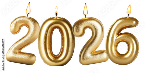 Happy New Year 2026 number candles isolated on transparent background.