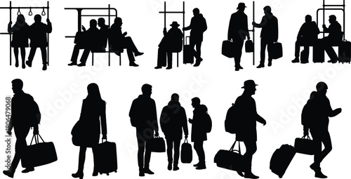 Silhouette travelers commuting waiting walking luggage people transit passengers journey urban travel station airport mobility transportation