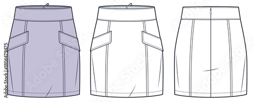 Women Skirt fashion flat sketch. Mini Skirt fashion flat technical drawing template, side zipper, fitted, front and back view, white, lilac, women CAD mockup set.