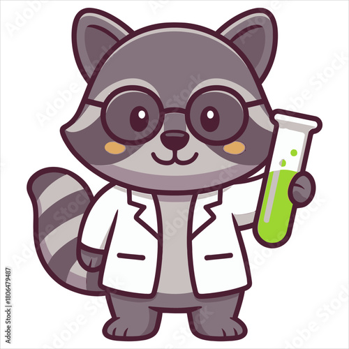 A cute raccoon scientist character in a lab coat holding a test tube, a charming flat vector logo illustration for science education 44