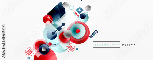 Abstract geometric shapes overlap, creating dynamic composition. Red accents contrast cool blues, whites. Modern design elements present.