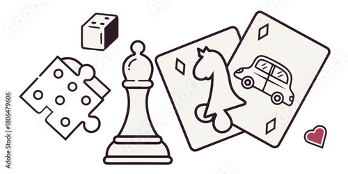 Assorted game pieces including chess pawn dice cards and puzzle on light background