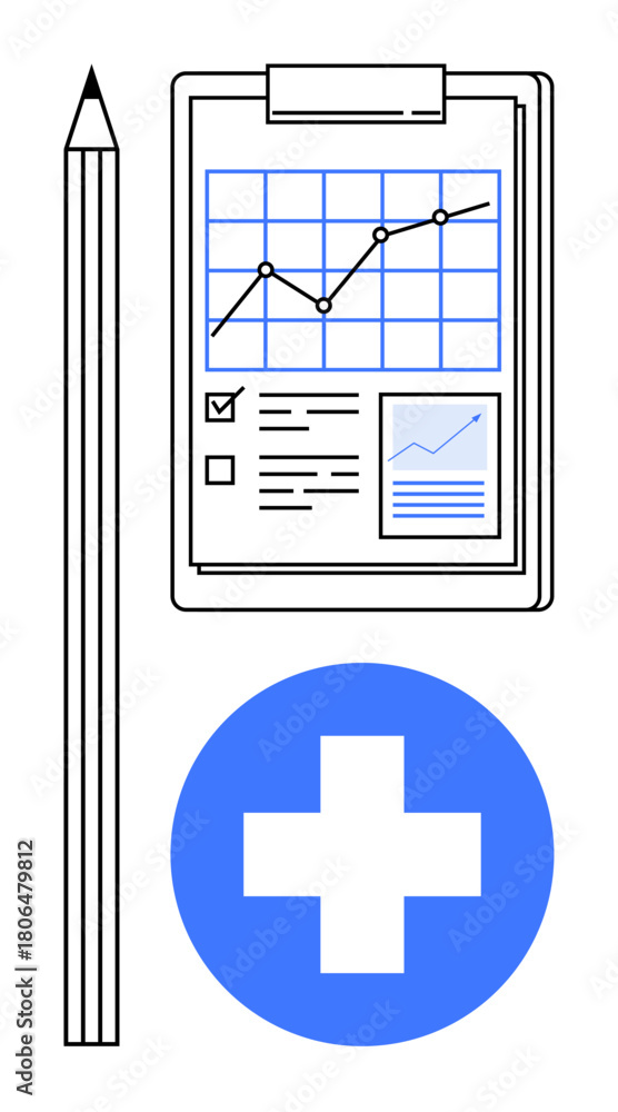 Obraz premium Pencil, clipboard with healthcare statistics, action checklist, and blue cross symbol. Ideal for medical planning, healthcare data, analysis, patient care, reports checklists and medical progress