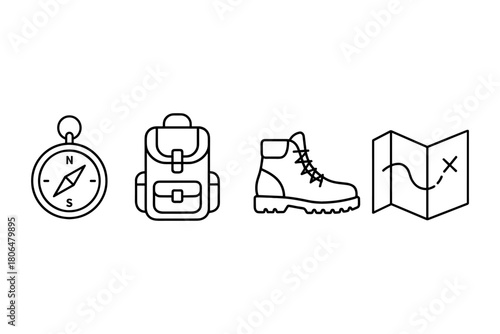 Minimalist linear hiking icons set with compass, backpack, boots, map