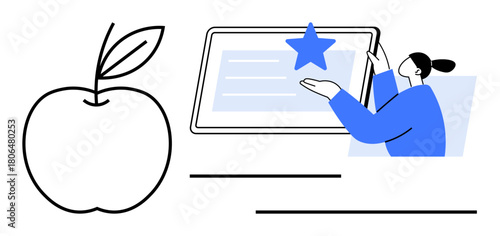 Person engaging with a screen featuring a star, next to a minimalistic apple outline. Ideal for education, growth, e-learning, wellness, health, simplicity modern digital tools. Simple flat metaphor
